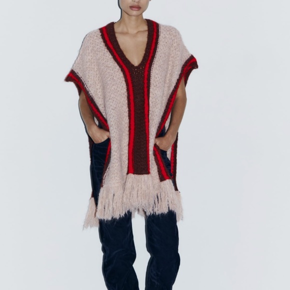 Zara cream, brown and red striped touch of wool poncho NWT - Picture 2 of 12